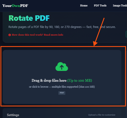 YourOwnPDF Rotate PDF Tool کا انٹرفیس